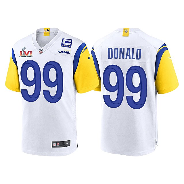Mens Los Angeles Rams #99 Aaron Donald Jersey with Captain C patch 2021 White Modern Throwback Vapor Limited Jersey