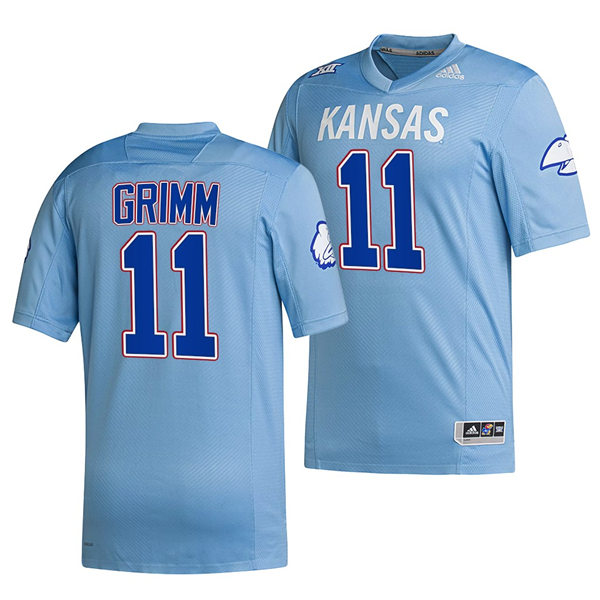 Men's Kansas Jayhawks #11 Luke Grimm HOMECOMING HAIL TO OLD KU UNIFORM Adidas POWDER BLUE Reverse Retro Football Jersey