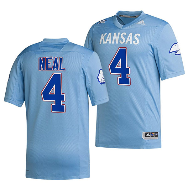 Men's Kansas Jayhawks #4 Devin Neal HOMECOMING HAIL TO OLD KU UNIFORM Adidas POWDER BLUE Reverse Retro Football Jersey