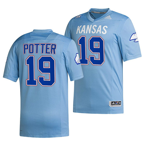 Men's Kansas Jayhawks #19 Gavin Potter HOMECOMING HAIL TO OLD KU UNIFORM Adidas POWDER BLUE Reverse Retro Football Jersey