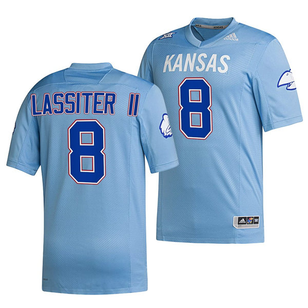 Men's Kansas Jayhawks #8 Kwamie Lassiter II HOMECOMING HAIL TO OLD KU UNIFORM Adidas POWDER BLUE Reverse Retro Football Jersey