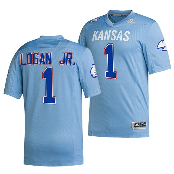 Men's Kansas Jayhawks #1 Kenny Logan Jr. HOMECOMING HAIL TO OLD KU UNIFORM Adidas POWDER BLUE Reverse Retro Football Jersey