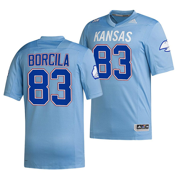 Men's Kansas Jayhawks #83 Jacob Borcila HOMECOMING HAIL TO OLD KU UNIFORM Adidas POWDER BLUE Reverse Retro Football Jersey