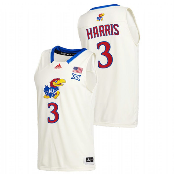 Men's Kansas Jayhawks #3 Dajuan Harris 2020-21 Adidas Cream College Basketball Game Jersey