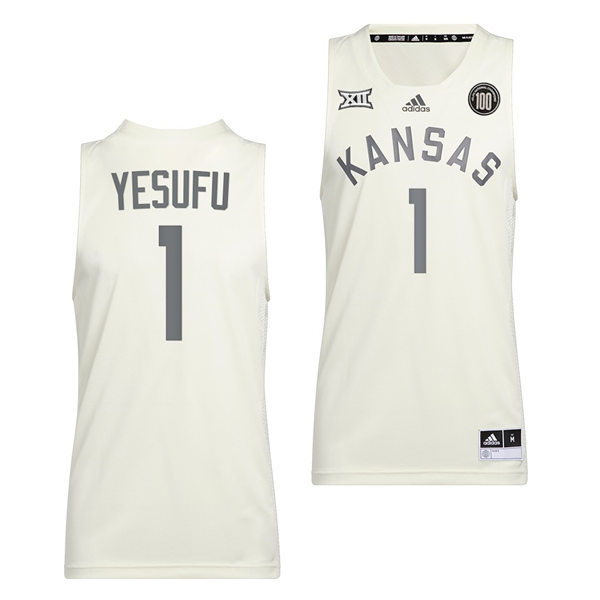 Mens Kansas Jayhawks #1 Joseph Yesufu Adidas White 2022 Retro 100 Anniversary of 1922 Helms National Champs Jersey