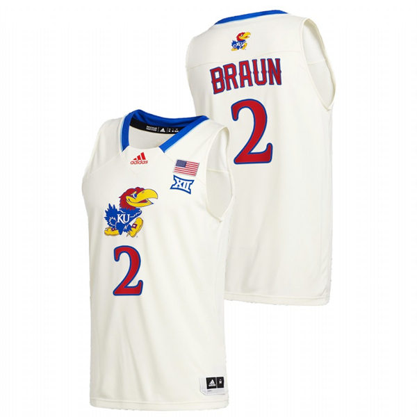 Men's Kansas Jayhawks #2 Christian Braun 2020-21 Adidas Cream College Basketball Game Jersey