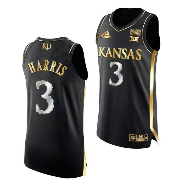 Mens Kansas Jayhawks #3 Dajuan Harris Jr. 2021-22 Black Golden Edition College Basketball Jersey