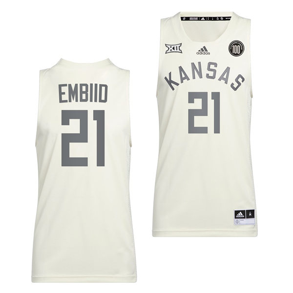 Mens Kansas Jayhawks #21 Joel Embiid Adidas White 2022 Retro 100 Anniversary of 1922 Helms National Champs Jersey