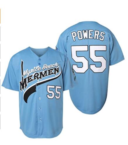 Mens Myrtle Beach Mermen #55 Kenny Powers Powder Blue Theme Eastbound and Down Stitched Movie Baseball Jersey