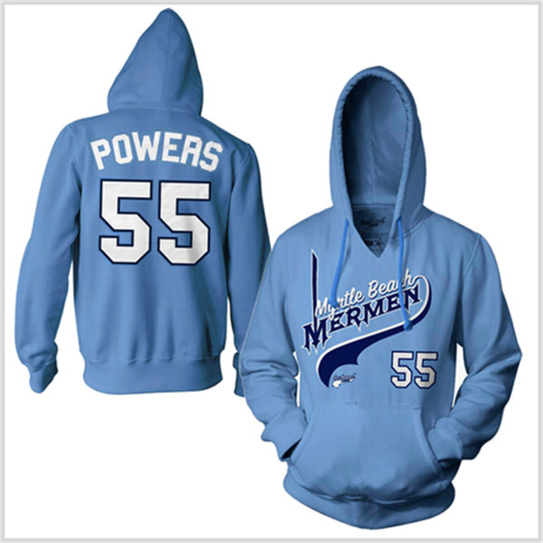 Mens Myrtle Beach Mermen #55 Kenny Powers Powder Blue Embroidered Hoodie