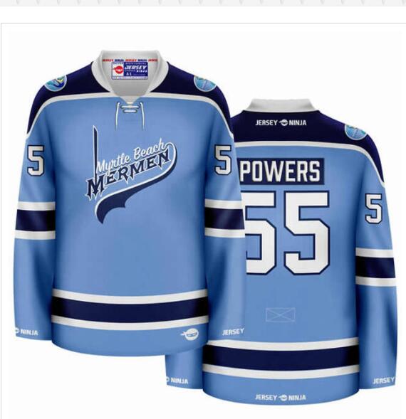 Mens Myrtle Beach Mermen #55 Kenny Powers Powder Blue Stitched Movie Hockey Jersey