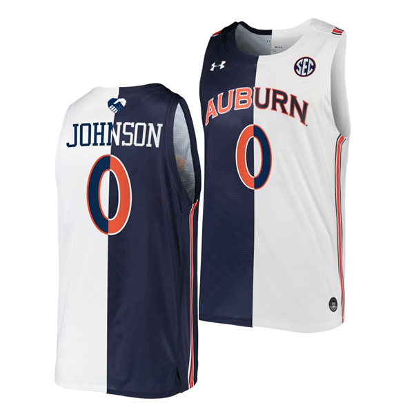 Mens's Auburn Tigers #0 K.D. Johnson Navy White Two Tone Split Edition Basketball Jersey