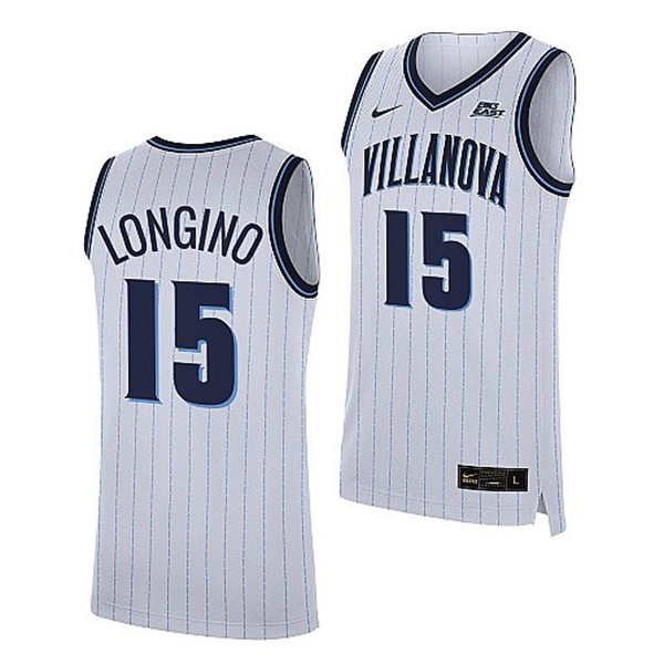 Mens Villanova Wildcats #15 Jordan Longino 2022 Nike White Pinstripe College Basketball Game Jersey