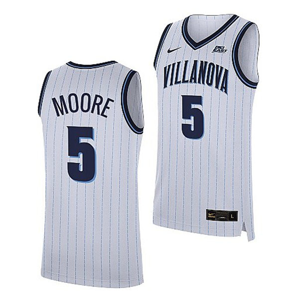 Mens Villanova Wildcats #5 Justin Moore 2022 Nike White Pinstripe College Basketball Game Jersey 