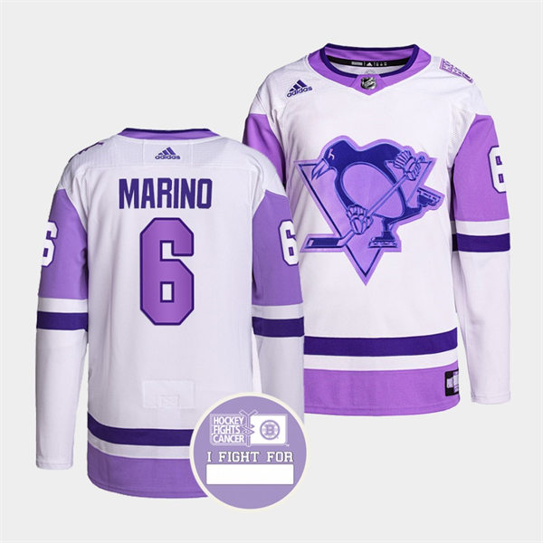 Mens Pittsburgh Penguins #6 John Marino White Purple Hockey Fights Cancer Primegreen Jersey
