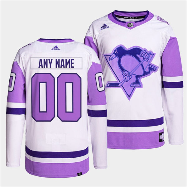 Mens Pittsburgh Penguins Custom White Purple Hockey Fights Cancer Primegreen Jersey 