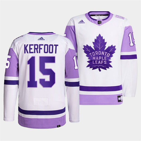 Men's Toronto Maple Leafs #15 Alexander Kerfoot 2021-22 White Purple Hockey Fights Cancer Primegreen Jersey