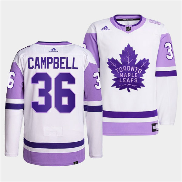 Men's Toronto Maple Leafs #36 Jack Campbell 2021-22 White Purple Hockey Fights Cancer Primegreen Jersey