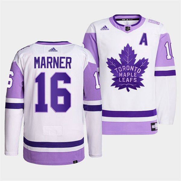Men's Toronto Maple Leafs #16 Mitchell Marner 2021-22 White Purple Hockey Fights Cancer Primegreen Jersey