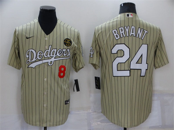 Mens Los Angeles Dodgers #8 Front #24 Back Kobe Bryant Nike Cream Pinstripe Fashion Baseball Jersey