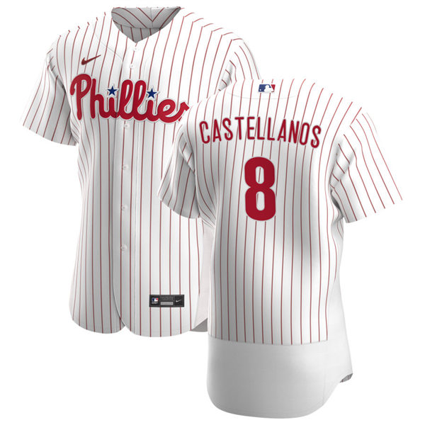 Mens Philadelphia Phillies #8 Nick Castellanos Nike White Pinstripe Home Flexbase Jersey