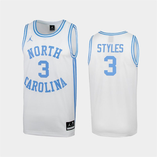 Mens North Carolina Tar Heels #3 Dontrez Styles White Round Neck Retro Basketball Jersey