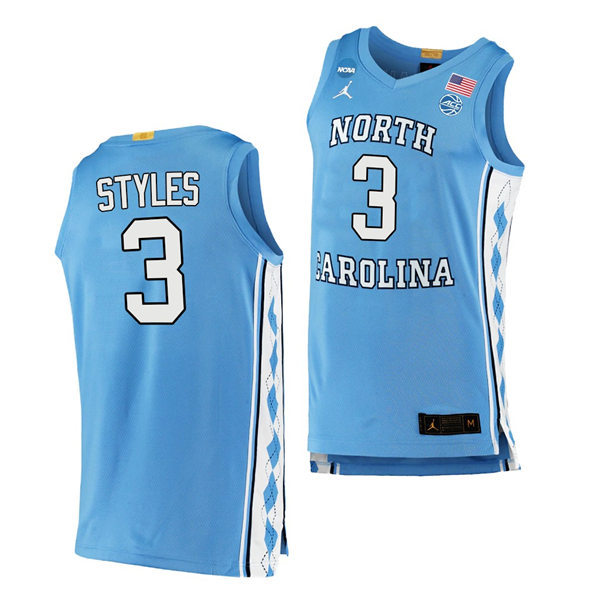 Mens North Carolina Tar Heels #3 Dontrez Styles Carolina Blue College Baseketball Game Jersey