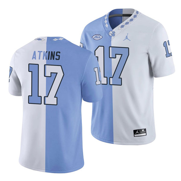 Mens North Carolina Tar Heels #17 Grayson Atkins Blue White Split Edition College Football Jersey