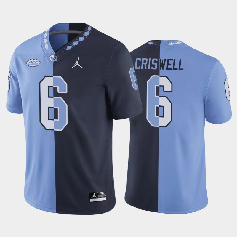 Mens North Carolina Tar Heels #6 Jacolby Criswell Blue Navy Split Edition College Football Jersey 