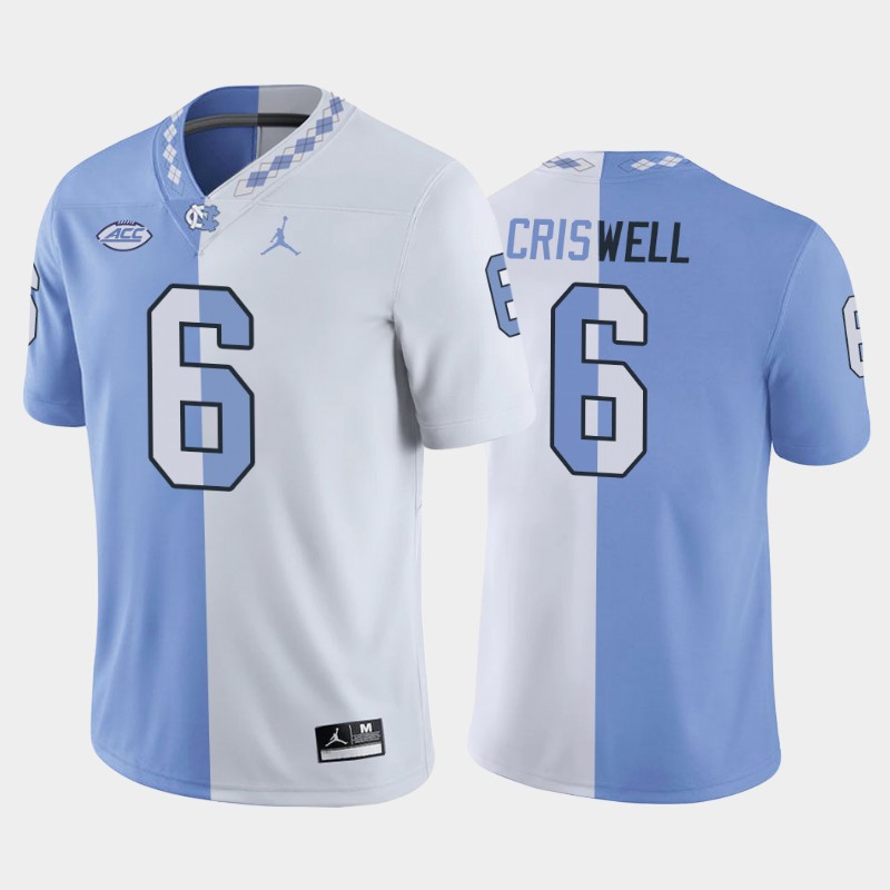 Mens North Carolina Tar Heels #6 Jacolby Criswell Blue White Split Edition College Football Jersey