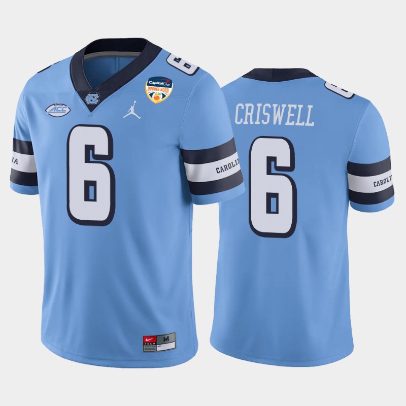 Mens North Carolina Tar Heels #6 Jacolby Criswell Royal Retro Untouchable College Football Jersey