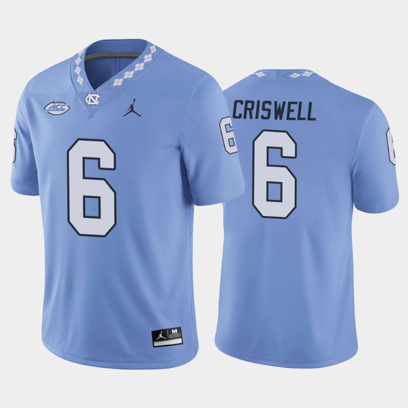 Mens North Carolina Tar Heels #6 Jacolby Criswell Carolina Blue College Football Game Jersey