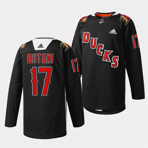 Mens Anaheim Ducks #17 Shohei Ohtani Los Angeles Angels Black Practice 2022 Angels Night Jersey 