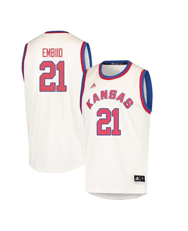 Mens Kansas Jayhawks #21 Joel Embiid Adidas White Red Retro Basketball Jersey