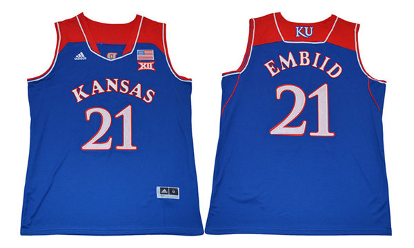 Mens Kansas Jayhawks #21 Joel Embiid Adidas 2013-14 Red Royal College Basketball Jersey