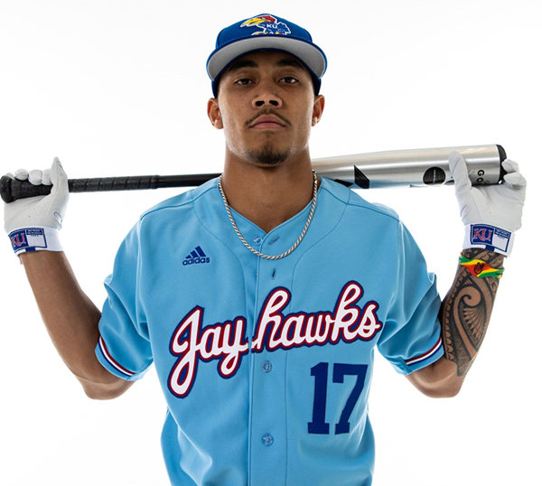 Men's Youth Kansas Jayhawks #17 Maui Ahuna Light Blue College Baseball Game Jersey 