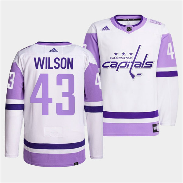 Men's Washington Capitals #43 Tom Wilson adidas White Purple Hockey Fights Cancer Primegreen Practice Player Jersey