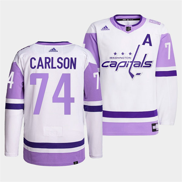 Men's Washington Capitals #74 John Carlson adidas White Purple Hockey Fights Cancer Primegreen Practice Player Jersey