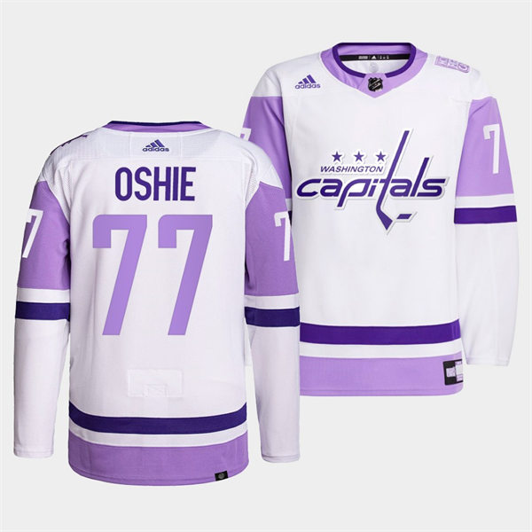 Men's Washington Capitals #77 T. J. Oshie adidas White Purple Hockey Fights Cancer Primegreen Practice Player Jersey