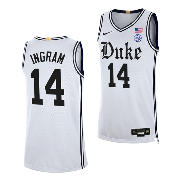 Mens Duke Blue Devils #14 Brandon Ingram 2021-22 White Cameron Brotherhood uniform Jersey