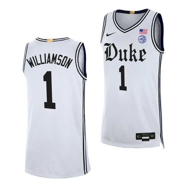 Mens Duke Blue Devils #1 Zion Williamson 2021-22 White Cameron Brotherhood uniform Jersey