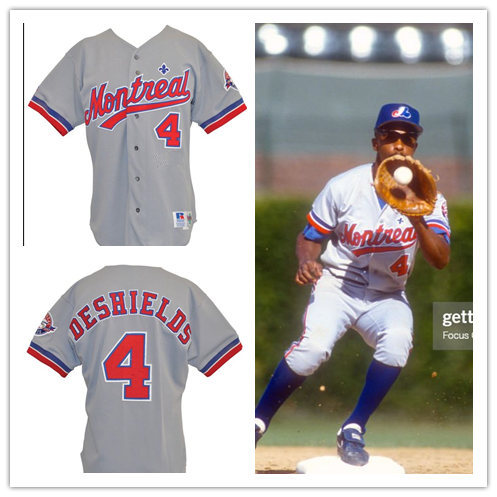 Mens Montreal Expos #4 Delino DeShields 1993 Grey Road Game-Used Cooperstown Throwback Jersey