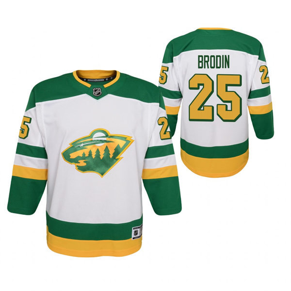 Youth Minnesota Wild #25 Jonas Brodin Adidas White 2021 Reverse Retro Jersey