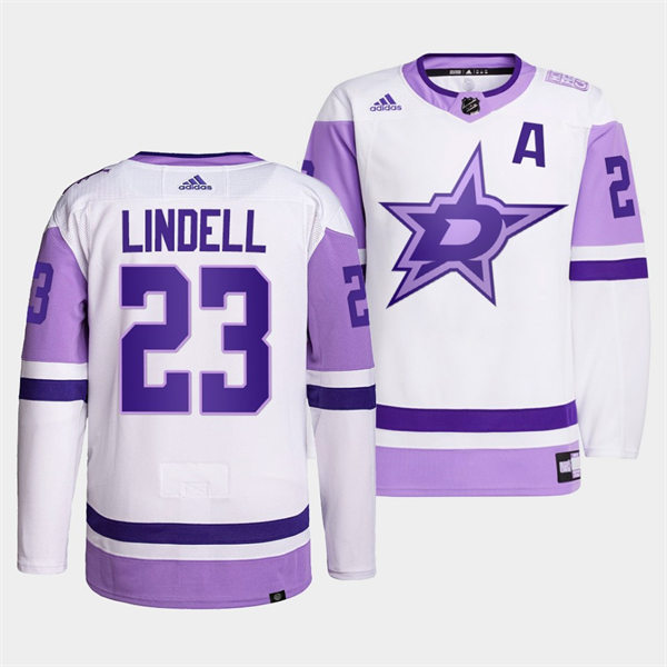 Men's Dallas Stars #23 Esa Lindell 2021-22 White Purple Hockey Fights Cancer Primegreen Jersey