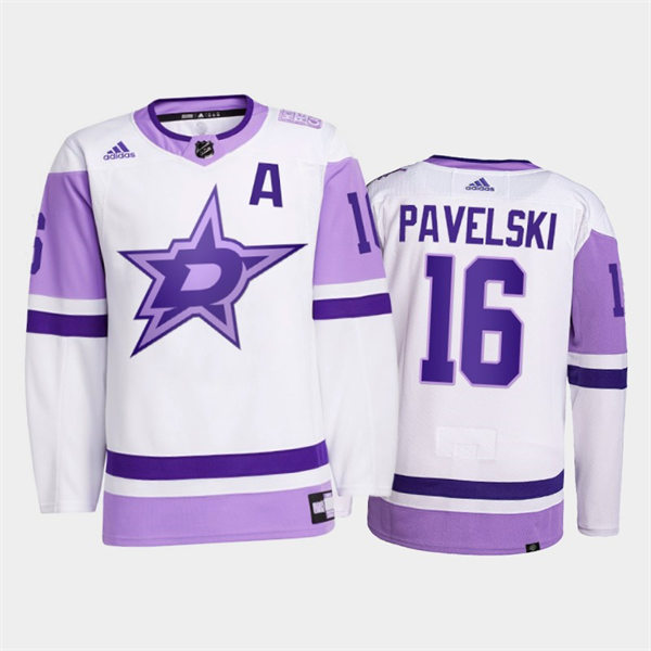 Men's Dallas Stars #16 Joe Pavelski 2021-22 White Purple Hockey Fights Cancer Primegreen Jersey