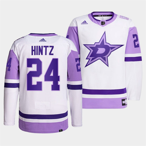 Men's Dallas Stars #24 Roope Hintz 2021-22 White Purple Hockey Fights Cancer Primegreen Jersey