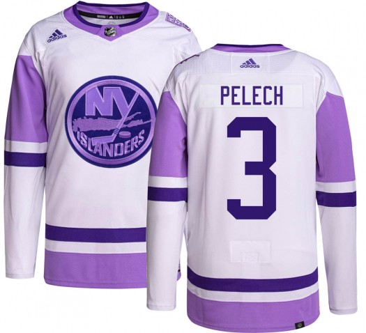 Men's New York Islanders #3 Adam Pelech 2021-22 White Purple Hockey Fights Cancer Primegreen Jersey