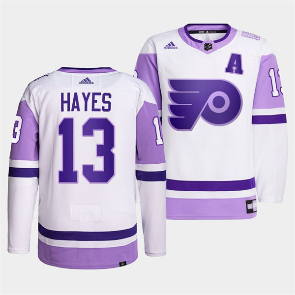 Mens Philadelphia Flyers #13 Kevin Hayes 2021-22 White Purple Hockey Fights Cancer Primegreen Jersey