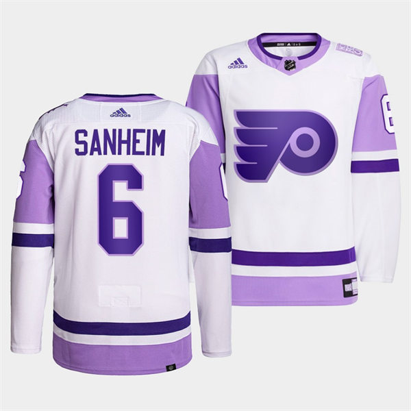 Mens Philadelphia Flyers #6 Travis Sanheim 2021-22 White Purple Hockey Fights Cancer Primegreen Jersey