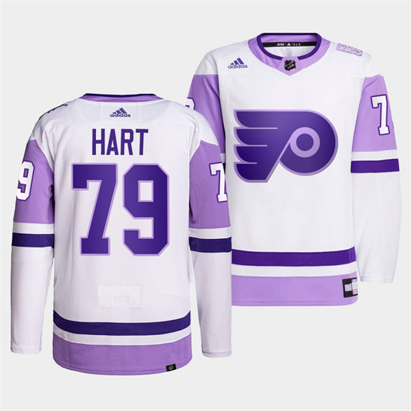 Mens Philadelphia Flyers #79 Carter Hart 2021-22 White Purple Hockey Fights Cancer Primegreen Jersey
